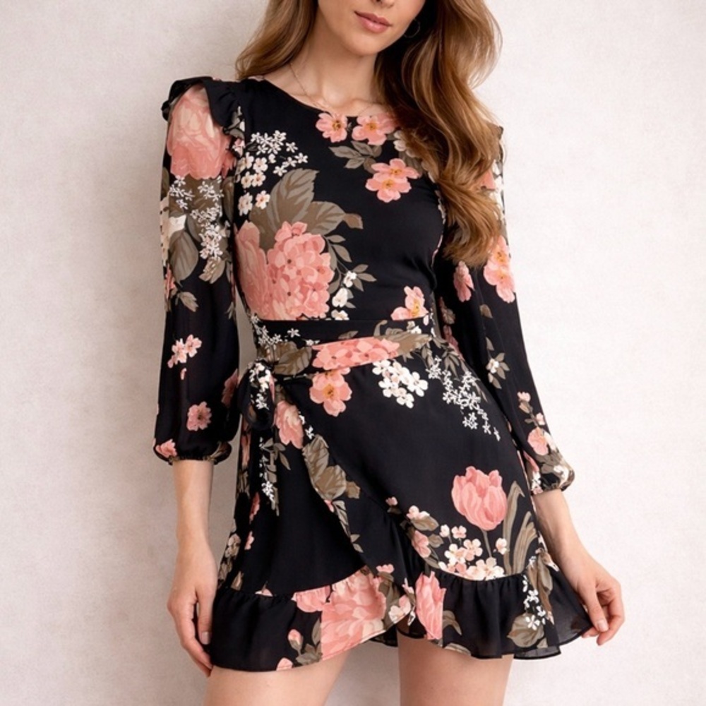 Reformation Quest Floral Black Long Sleeve Mini Dress S (4)